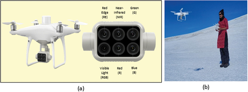 Figure 2. (a) Multispectral sensor-based UAV used during the aerial survey at East Antarctica (b) field photograph.