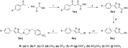 Scheme 1. Synthesis of compounds 5a-j. Reagents and conditions: i. NaOEt, EtOH ii. NH2OH.HCl, EtOH iii. LiAlH4, THF or NaBH4, THF/MeOH iv. CBr4/PPh3, DCM v. 4- (trifluoromethyl)benzylpiperazine, DIEA, DMF.