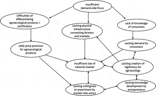 Figure 4. Hard and soft institutional problems weakening market entrepreneurs’ willingness to experiment (arrows indicate one-way or two-way relationships between issues).