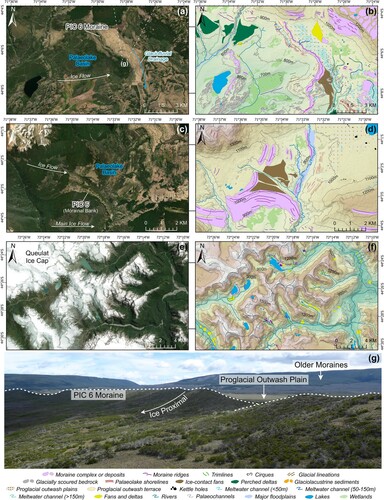 Figure 4. Ice-marginal landforms within the main outlet valleys and the Andean Cordillera. Raw satellite images (left) and mapped geomorphology (right). (a) Satellite image of central-northern sector of the Río Pico valley, including the location of (g). (b) Mapped landforms, including the PIC 6 moraine and an associated proglacial outwash plain. (c) Satellite image of a morainal bank, which is the lateral margin of the PIC 6 moraine, and a small isolated palaeolake basin in the northern Río Pico valley. (d) Mapped landforms surrounding the PIC 6 morainal bank, which is adjacent to ice-contact fans, and multiple, stepped, palaeolake shorelines. (e) Satellite image of the area southeast of the Queulat ice cap. (f) Mapped moraines and trimlines associated with the stratigraphically youngest glacier advances in the Andean Cordillera. (g) Ice-proximal view of the PIC 6 moraine in the field overlooking older moraines and terminating into a proglacial outwash plain. Satellite images are from ESRI™ DigitalGlobe World Imagery via ArcGIS Pro. Figure panel locations are shown in Figure 3.