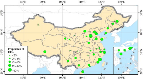 Figure 7. Map of UIS proportions in urban areas of the 36 cities.