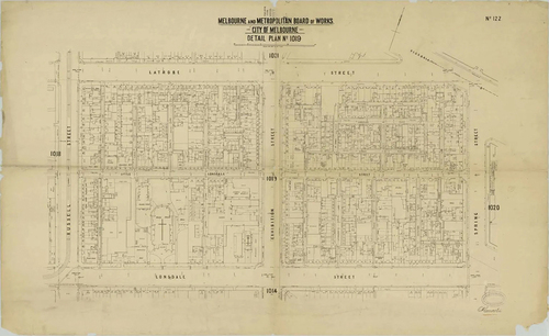 Figure 1. Yong and Ramsay’s working map for Little Lon, Melbourne and Metropolitan Board of Works, 1895. Image courtesy of Yong and Ramsay.