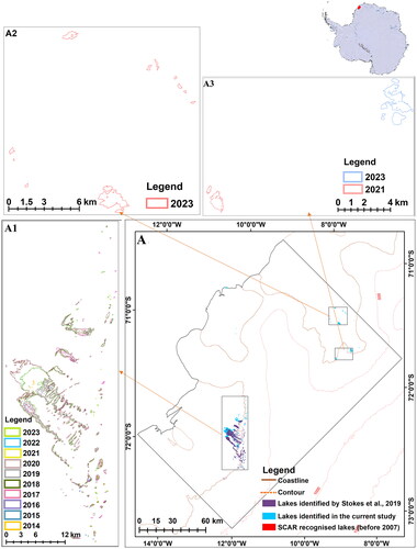 Figure 3. Map represent the detected melt lakes at region A. Lakes in the same area identified by Stokes et al. Citation2019 and SCAR are also shown. Images A1, A2, and A3 indicate the extent of melt lakes detected between 2014 and 2023, which were detected during January and February.