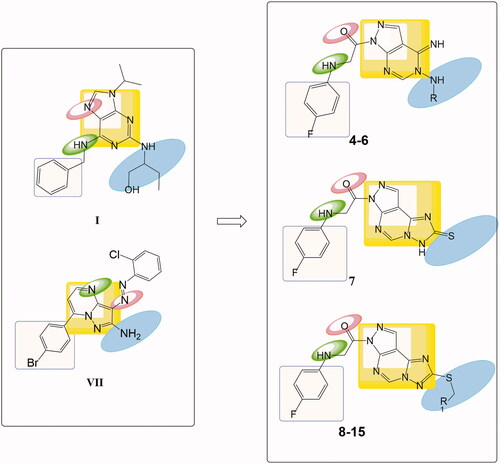 Figure 3. Features' similarities between Roscovitine ligand (I) and reported pyrazolo[1,5-a]pyrimidines derivative (VII) against the newly designed compounds as potent CDk2 inhibitors.
