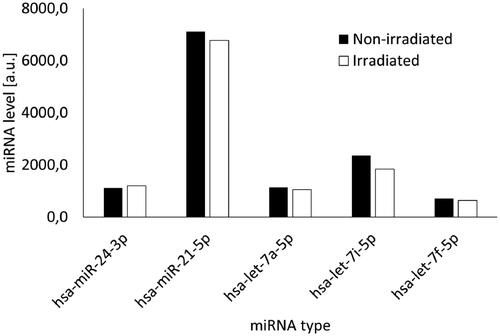 Figure 4. The levels of miRNAs that target the reporter genes shown in Figure 3 in control and irradiated cells, assayed by microarrays 12 h after irradiation.