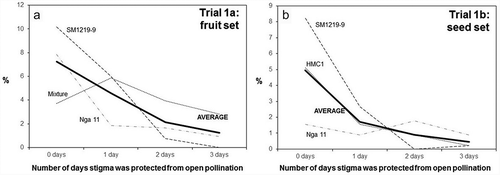 Figure 5. Fruit (a) and seed (b) set observed from female cyathia that were subjected to different treatments: flowers not covered (0 days) or covered for 1, 2 or 3 days after anthesis (horizontal axis). The two independent trials were carried out to assess the duration of stigma receptivity. The vertical axis in the left plot presents the number of fruits per flower counted in the first trial. The vertical axis in the plot on the right presents the actual number of seeds in relation to the expected number based on the total number of flowers considered (three seeds per pistil). SM1219–9, Nga 11, HMC1 are cassava clones, Mixture – represent numerous other clones available in the field when Trial 1a began. AVERAGE represents the mean value of three types of genotype in each trial.