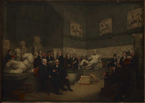 Figure 1. Idealized view of the Temporary Elgin Room at the Museum in 1819, with portraits of staff, a trustee and visitors, oil on canvas, 1819, by Archibald Archer. Photo credit: The Trustees of the British Museum.