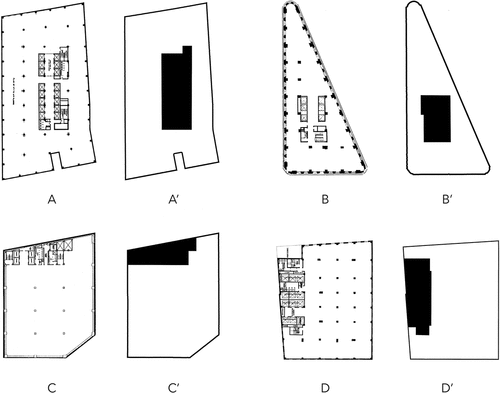 Figure 1. Solid and void analysis of typical plans with the original plan on the left (A, B, C, D) and the analysis on the right (A’, B’, C’, D’) that shows the three basic elements of which the typical plan consists of Source: Koolhaas Citation1998b, 336, 337, 338, 341 (A, B, C, D, respectively); graphics by author on the basis of the previously mentioned plans (A’, B’, C’, D’).