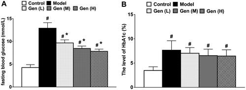 Figure 1. The levels of FBG (A) and HbA1c (B) in non-diabetic and diabetic rats were determined on day 7 after continuous administration. Data are shown as means ± SEM (n = 6 in each group with total of 30 rats). #p< 0.05 and *p< 0.05 denote statistical significance compared with normal control group and the model group, respectively, analysed by one-way ANOVA followed by the post hoc Student–Newman–Keuls test.