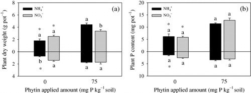 Figure 1. Plant dry weight (a) and P content (b) of maize supplied with different N forms. Shoots and roots are shown above and below the zero line. Different letters indicate significant differences (t-test, P < 0.05) between two N forms at the same phytin amount. The asterisks indicate significant differences (t-test, P < 0.05) between two phytin amounts at the same N form. Bars represent mean + SE (n = 4).