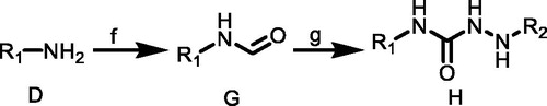 Scheme 2. (f) BTC, TEA, EA, 50 °C; (g) C, CH3CN, TEA, rt. R1 = 4-(trifluoromethyl)phenyl)/(3-chloro-4-methylphenyl); R2 = (2,6-dinitro-4-(trifluoromethyl)phenyl).