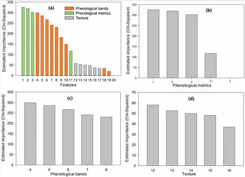 Figure 8. Estimated importance of the candidate features selected by the χ2 algorithm (a) all features; (b) phenological metrics; (c) phenological bands and (d) textural features. The x axis represents the following, 1: Seasonal amplitude; 2: Large integral; 3: Peak EVI value; 4: Red band October image; 5: NIR band October image; 6: Blue band October image; 7: Green band February image; 8: Blue band December image; 9: Red band December image; 10: Green band October image; 11: Small integral; 12: GLCM entropy 00; 13: GLCM entropy 900; 14: GLCM Dissimilarity 00; 15: GLCM standard deviation 00; 18: Green band December image; 19: NIR band December image; 20: Base EVI value