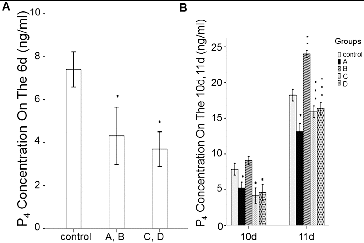 Figure 7. Expression levels of P4 in different groups in spent medium in vitro. ELISA results. Concentrations of P4 in spent medium on day 6 (A) and on day 10 and day 11 (B). Groups are described in the text to Figure 4. *P < 0.05, compared with the control group.