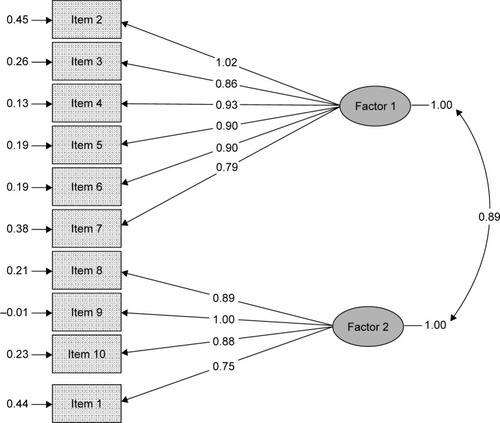 Figure 3 Standardized factor loadings and residuals for the items of the PEPPI.