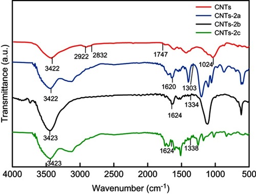 Figure 2 FTIR spectra of CNTs and CNTs-2(a-c).Abbreviations: CNTs, carbon nanotubes; FTIR, Fourier transform infrared spectroscopy.