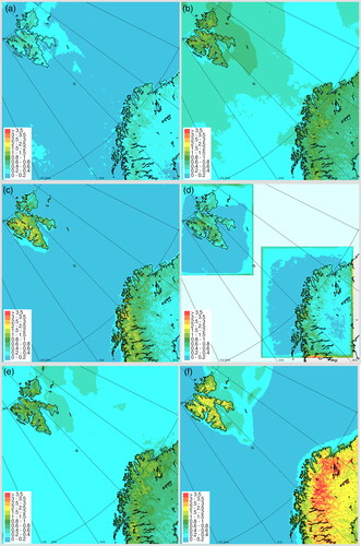 Fig. 2. Potential Change in Forecast Quality measured by Mean Absolute Difference in T2m [°C] averaged over day 1 forecasts 8–31 March 2018 for (a) EPS: EPS mean vs. EPS control member, (c) higher spatial resolution: HIGHRES vs. CNTRL, (d) domain size/location: SVA/NN domains vs. CNTRL, (e) initialization atmosphere: ATMASS vs. CNTRL and (f) Initialization surface: CNTRL vs. DD. In addition, (b) predicting the forecast uncertainty: the average ensemble spread [°C].