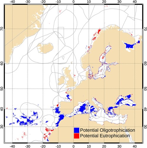 Figure 3.1.3. 2020 annual PE (red) and PO (blue) European method indicator map calculated using the CMEMS Ocean Colour regional products (product references 3.1.1–3.1.5). Active PE flags indicate pixels where more than 25% of the valid observations were above the 1998–2017 P90 climatological reference. Active PO flags indicate locations where more than 25% of the valid observations were below the 1998–2017 P10 climatological reference.