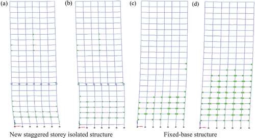 Figure 16. Distribution of frame plastic hinge: single mainshocks (a) and (c); mainshock-aftershocks (b) and (d).