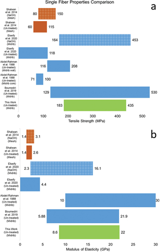 Figure 5. Comparison of single fiber properties with other works: (a) tensile strength; (b) modulus of elasticity. This work (green), midrib fibers untreated (blue), midrib fibers treated (patterned blue), mesh fibers untreated (brown), mesh fibers treated (patterned brown).