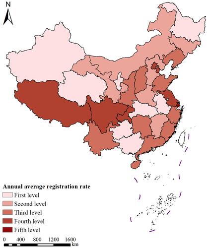 Figure 1 Spatial distribution of average annual registration rates for cataract surgery nationwide, 2013–2017.
