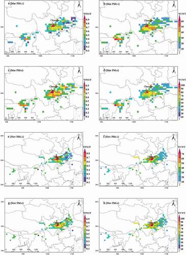 Figure 10. Spatial distribution of WPSCF and WCWT values of PM2.5 and PM10 of light pollution period in Chengdu 2017.