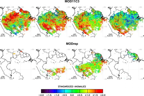 Figure 3. Comparison between seasonal standardized anomalies obtained from MOD11C3 and MODrep products in the year 2010.