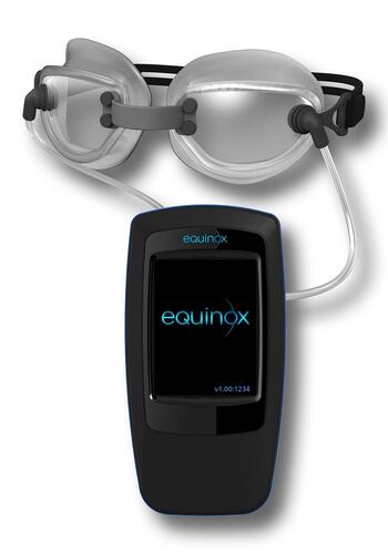 Figure 1 Multi-pressure dial, which includes the goggles connected to a handheld pressure-modulating pump. This device was worn for the duration of the 8-hr study period in this study.