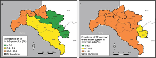 Figure 1. (a) Age-adjusted prevalence of trachomatous inflammation – follicular (TF) in 1–9-year-olds and (b) age- and gender-adjusted prevalence of trachomatous trichiasis (TT) unknown to the health system in ≥ 15-year-olds in trachoma impact surveys, Gambella, Ethiopia, February–March 2019. The boundaries and names shown and the designations used on this map do not imply the expression of any opinion whatsoever on the part of the authors, or the institutions with which they are affiliated, concerning the legal status of any country, territory, city or area or of its authorities, or concerning the delimitation of its frontiers or boundaries. Dotted lines on maps represent approximate border lines for which there may not yet be full agreement. EU: Evaluation Unit.