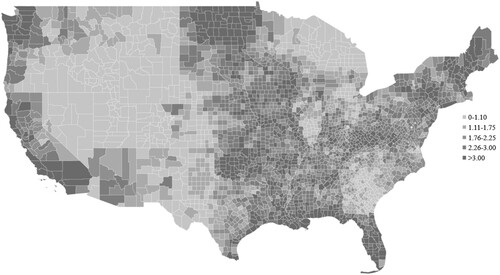 Figure 1. Disaster risk (DR) across counties in continental USA.Note: Figure 1 presents a map chart of average disaster risk (DR) across counties in continental USA.