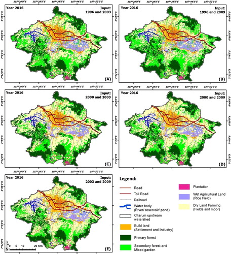 Figure 7. (A) Land use simulated in 2016 using input data from the year 1996 and 2003. (B) Land use simulated in 2016 using input data from the year 1996 and 2009. (C) Land use simulated in 2016 using input data from the year 2000 and 2009. (D) Land use simulated in 2016 using input data from the year 2000 and 2009. (E) Land use simulated in 2016 using input data from the year 2003 and 2009.