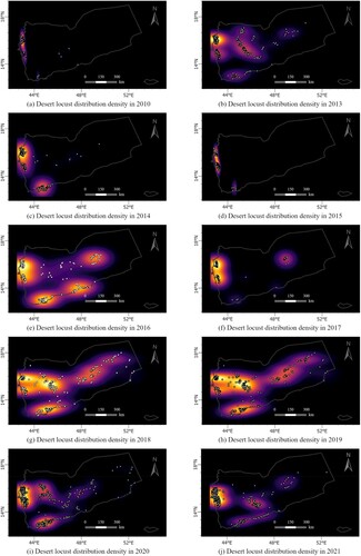 Figure 6. Desert locust distribution density (Two-dimensional kernel density estimation; the brighter the color, the greater the density).