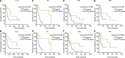 Figure 2 Kaplan–Meier survival plots of overall and cancer-specific survival according to receipt of PTS (yes vs no).Notes: Patients with (A, B) T1–T2, (C, D) T3, (E,F) T4a, and (G, H) T4b primary tumors.Abbreviation: PTS, primary tumor surgery.