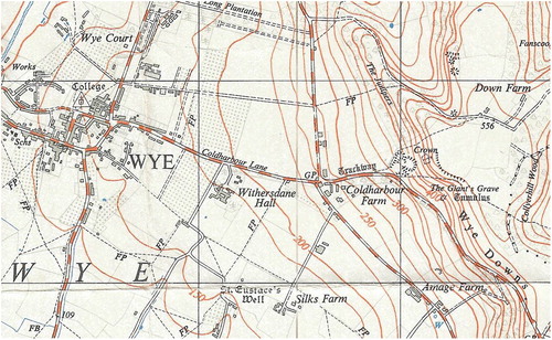 Figure 5. An ancient trackway leads from the village of Wye to a chalk pit and the Wye Crown, a symbol carved in the chalk hillside to celebrate the coronation of George VII in 1902 (extract from Sheet TR04).