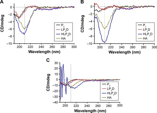 Figure 4 CD spectra of individual peptide, ternary complexes, Q-complexes, and individual hyaluronic acid (HA).Notes: (A) Pa, HA, LPaD, and HLPaD; (B) Pc, HA, LPcD, and HLPcD; and (C) Pd, HA, LPdD, and HLPdD. LPD: a cationic liposome, multifunctional peptide, and DNA at optimized ratios; HLPD: H represents hyaluronic acid, L represents cationic liposome that was composed of DOTAP/DOPE at a 1:1 weight ratio, P represents peptide (Pa–Pd refers to the different peptide used), and D represents DNA.Abbreviations: CD, circular dichroism; DOTAP, 1,2-dioleoyl-3-trimethylammonium-propane; DOPE, 1,2-dioleoylsn-glycero-3-phosphatidyl-ethanolamine.