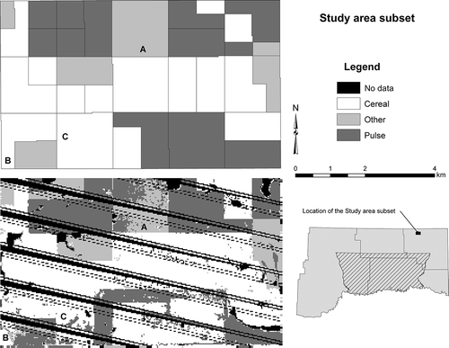Figure 4. The study area subset is located in northwest Daniels County. The top-left portion of the figure is the subset as classified with the object-level data, while the bottom-left is the same area classified with pixel-level data. Locations A, B, and C are discussed in the text.