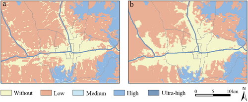 Figure 9. Spatial distribution of E.S.V. equivalent ratio. (a) Spatial distribution of E.S.V. equivalent ratio in Yanji City in 2020; (b) Spatial distribution prediction of E.S.V. equivalent ratio in Yanji City in 2030.Source: The authors.