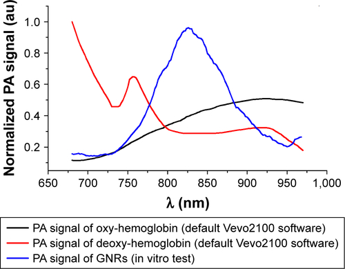 Figure S2 Spectra used for spectral unmixing processing.Notes: The oxy- and deoxy-hemoglobin spectra had provided from default by Vevo software, and the PA spectrum of nanoparticles was calculated from in vitro tests.Abbreviations: GNR, gold nanorod; PA, photoacoustic.