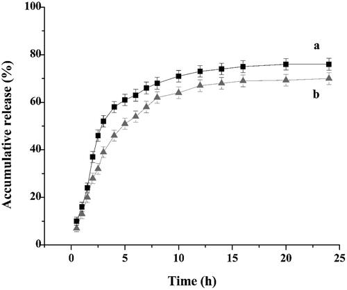 Figure 5 Drug-release curves (a) raw RES and (b) FA-HSA-RESNPs.