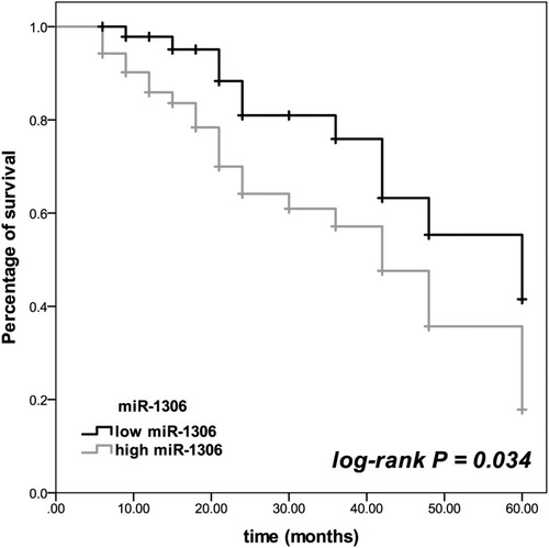 Figure 2 Kaplan-Meier curve of LUSC patients based on the median expression of miR-1306 in LUSC tissues. Patients with relatively high miR-1306 expression showed a significantly poor survival time. Log-rank P = 0.034.