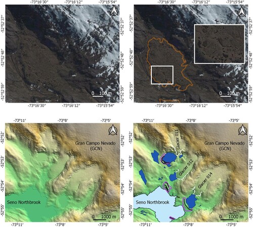 Figure 6. Examples of depositional landforms. (a) High-resolution GI image north of Seno Northbrook showing spotted deposits. (b) PI image showing same site as (a) with area of kettle kame topography delimited (full line). (c) Hillshade from DEM ALOS PALSAR illuminated from 45°, south–west GCN (see Figure 2 for location). (d) Mapping output of (c) site. Moraine area indicated with purple hollow polygons, respective moraine crests in black lines. More than one crest inside a polygon indicates a moraine complex. Lakes in blue and glacier margins in stippled white line (see Table S1).