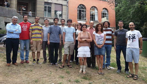 Figure 4. (Color Online) Claudio’s group in Bologna, 2013. From the left to the right: Claudio, Matteo Ricci, Gabriele D’Avino, Luca Muccioli, Federico Bazzanini, Mattia Felice Palermo, Manuel Vieider, Lara Querciagrossa, Erika Benini, Isabella Miglioli, Roberto Berardi, Silvia Orlandi, Antonio Pizzirusso, Yoann Olivier, Otello Maria Roscioni.