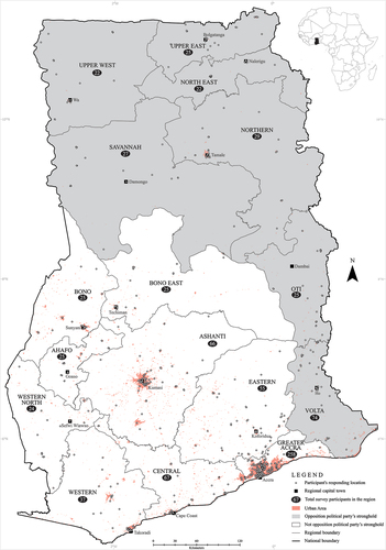 Figure 2. Survey participants’ location (with 100 meters offset to secure privacy), the total number of participants per region, urban areas, and the opposition political party’s strongholds in Ghana.