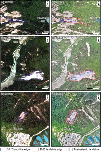 Figure 11. Examples of post-seismic landslides. Five-Flower Lake landslide edge: (a) 2017, (b) 2020; Heye landslide edge: (c) 2017, (d) 2020; Shuzheng landslide edge: (e) 2017, (f) 2020.