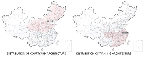 Figure 20. Geographical distribution maps of TianJing and courtyard architecture types.