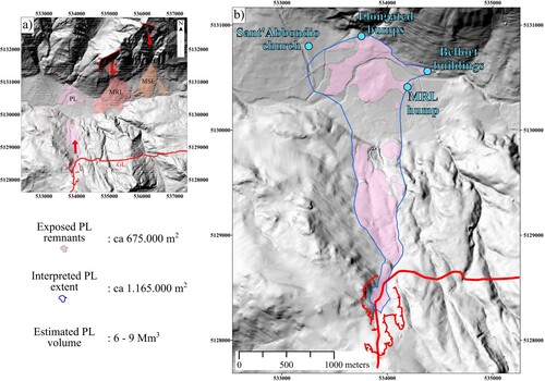 Figure 8. (a) Areal extent of the landslide deposits within the mapped area (Piuro 1618 Landslide (PL), Monte Rosa Landslide (MRS) and Monte Saragiolo Landslide (MSL)) with their correlative scars; (b) interpreted extent of PL in the valley floor with an estimated area of ca 1,165,000 m2. Considering the depth of the deposit and the extent of PL on the slope, an estimation of 6–9 Mm3 is likely.