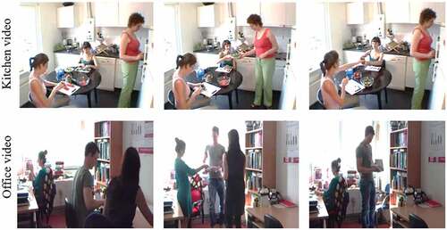 Figure 1. Stills from, the two video stimuli, kitchen video at the top and office video at the bottom.