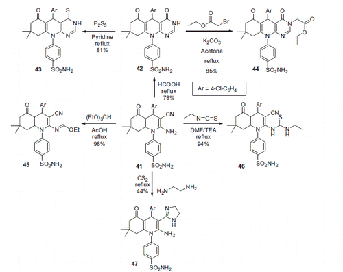 Scheme 17. Examples of derivatization of 2-amino-3-cyano-1,4-dihydropyridine moiety in sulfonamide 41.