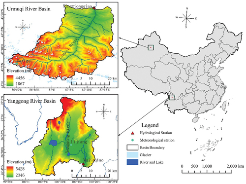 Figure 1. Location of Urmuqi River Basin, Yanggong River Basin, and hydrological/meteorological stations.