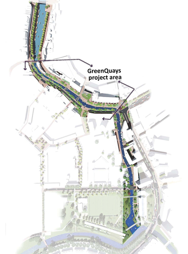 Figure 3. The design schema developed by the GreenQuays design team, which incorporates the climate-responsive masterplan developed by Wageningen University. ‘GreenQuays project area’ denotes the stretch for which the ENVI-met modelling was performed.
