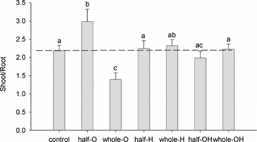 FIGURE 9. Ratio between shoot and root dry weight of olive plants grown in split-root pots. The dashed line represents the mean S/R ratio of the control pots. Error bars represent SE (n = 8). Different letters indicate significant differences (Duncan's test; P < 0.05).